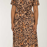 Puff sleeve midi wrap jersey dress - Brown