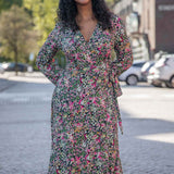 Puff sleeve midi wrap jersey dress - Pink flowers