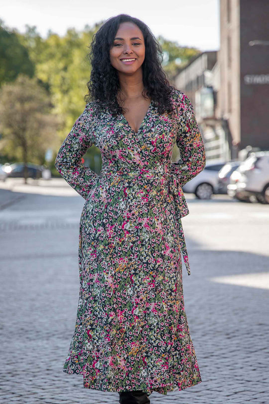 Puff sleeve midi wrap jersey dress - Pink flowers