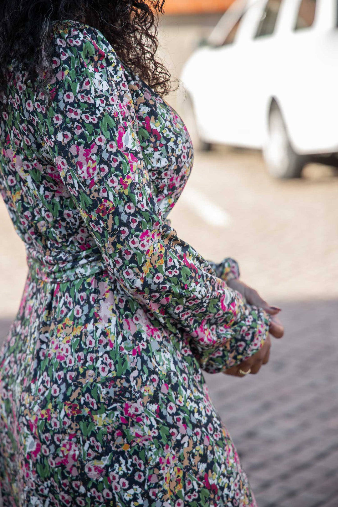 Puff sleeve midi wrap jersey dress - Pink flowers