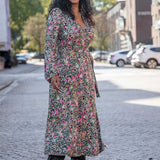 Puff sleeve midi wrap jersey dress - Pink flowers