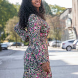 Puff sleeve midi wrap jersey dress - Pink flowers