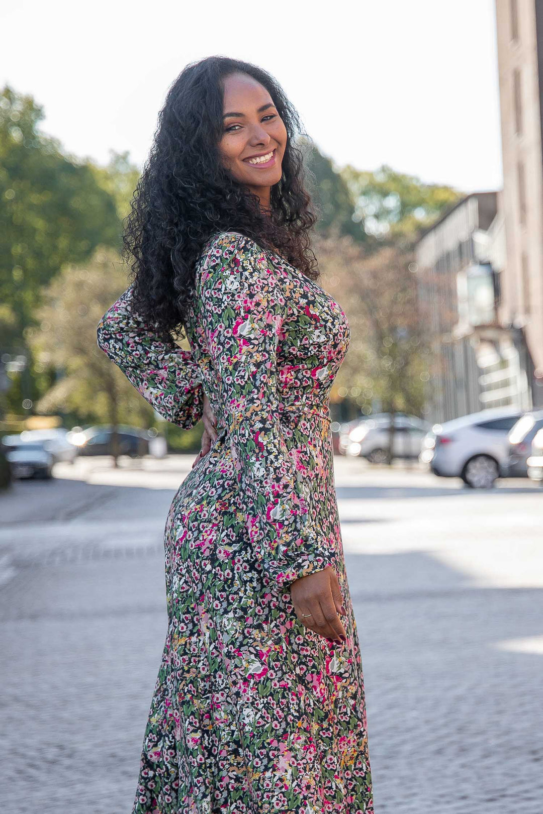 Puff sleeve midi wrap jersey dress - Pink flowers