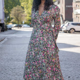 Puff sleeve midi wrap jersey dress - Pink flowers