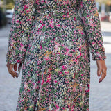 Puff sleeve midi wrap jersey dress - Pink flowers