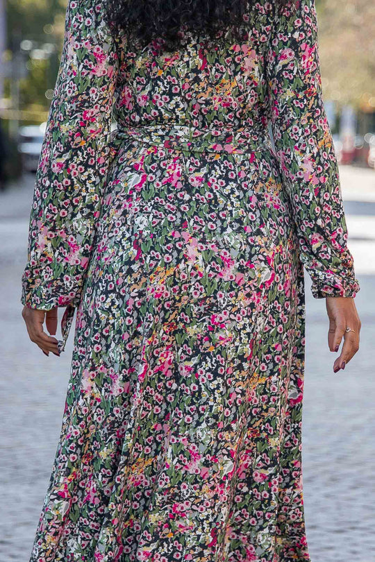Puff sleeve midi wrap jersey dress - Pink flowers
