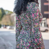 Puff sleeve midi wrap jersey dress - Pink flowers