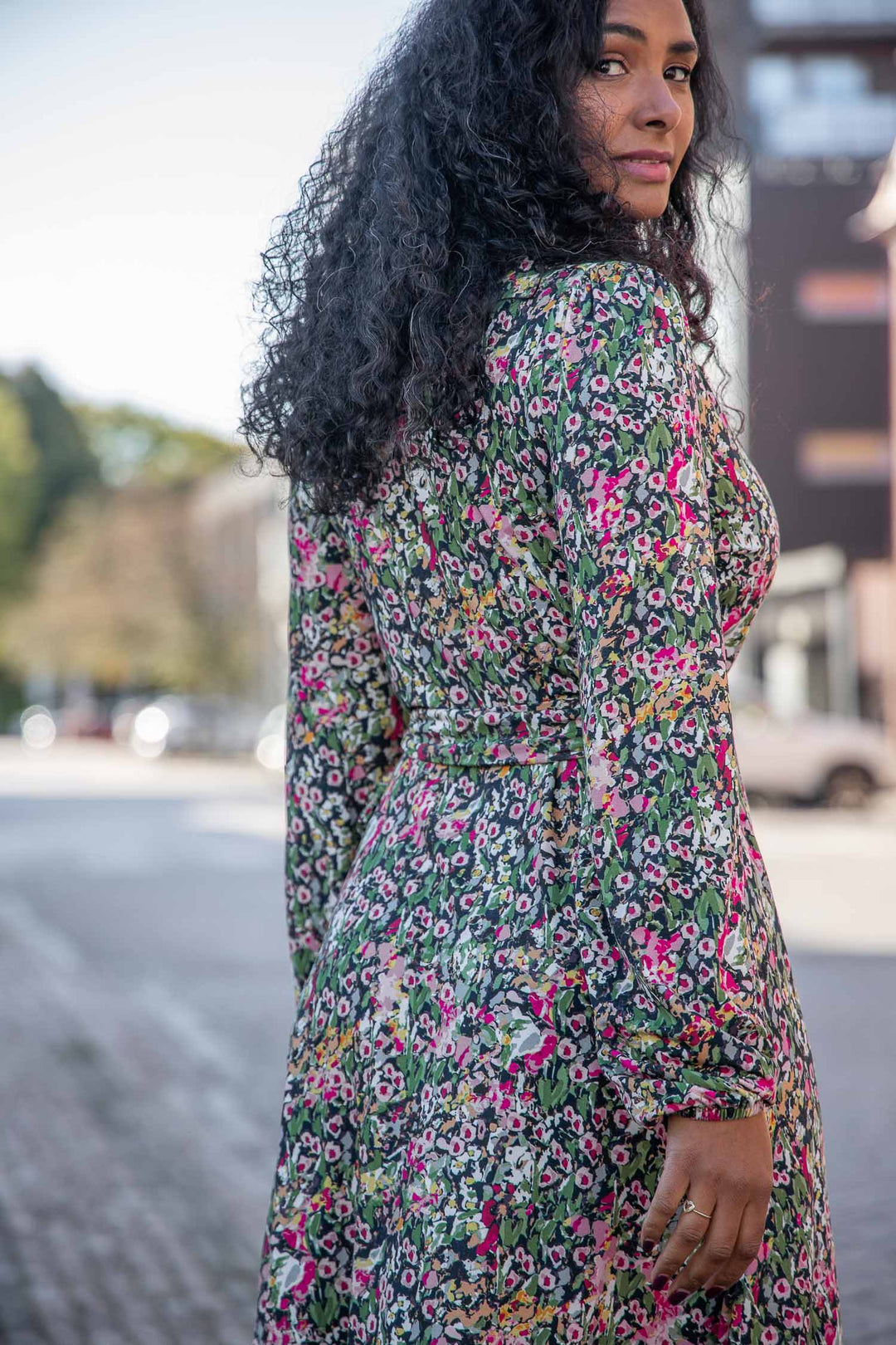 Puff sleeve midi wrap jersey dress - Pink flowers