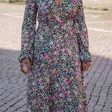 Puff sleeve midi wrap jersey dress - Pink flowers