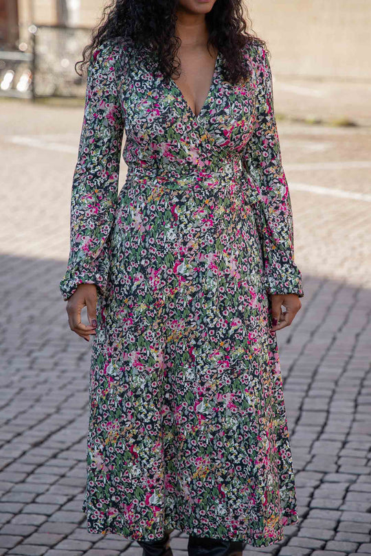 Puff sleeve midi wrap jersey dress - Pink flowers