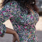 Puff sleeve midi wrap jersey dress - Pink flowers