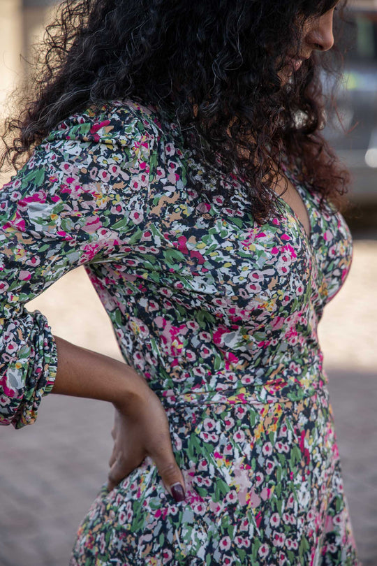 Puff sleeve midi wrap jersey dress - Pink flowers