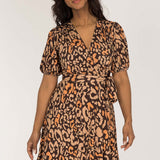 Puff sleeve short wrap jersey dress - Brown