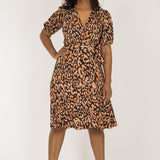 Puff sleeve short wrap jersey dress - Brown