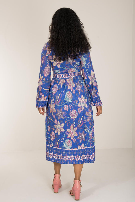 Pure boho midi jersey dress - Blue-Pink - Mönstrad vadlång trikåklänning