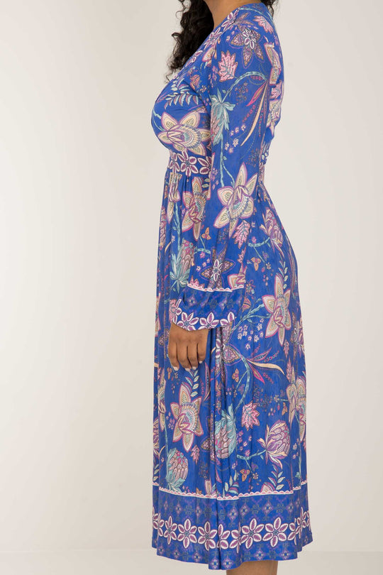 Pure boho midi jersey dress - Blue-Pink - Mönstrad vadlång trikåklänning