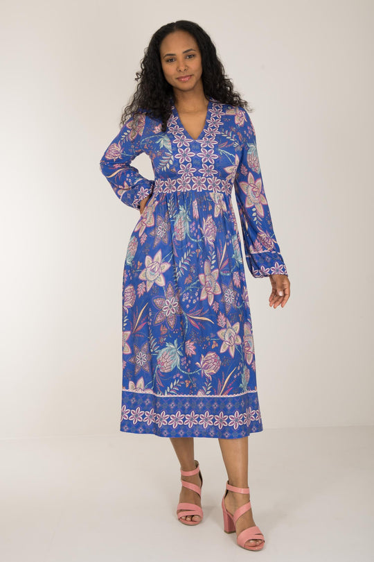 Pure boho midi jersey dress - Blue-Pink - Mönstrad vadlång trikåklänning