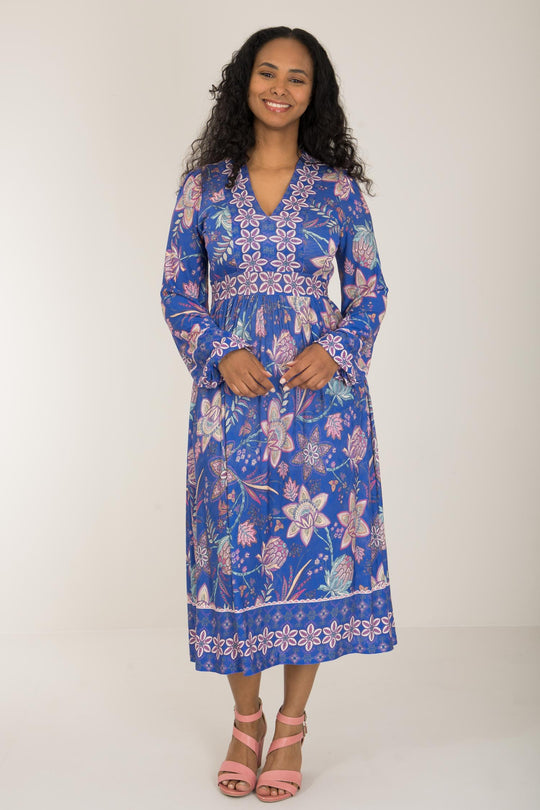 Pure boho midi jersey dress - Blue-Pink - Mönstrad vadlång trikåklänning