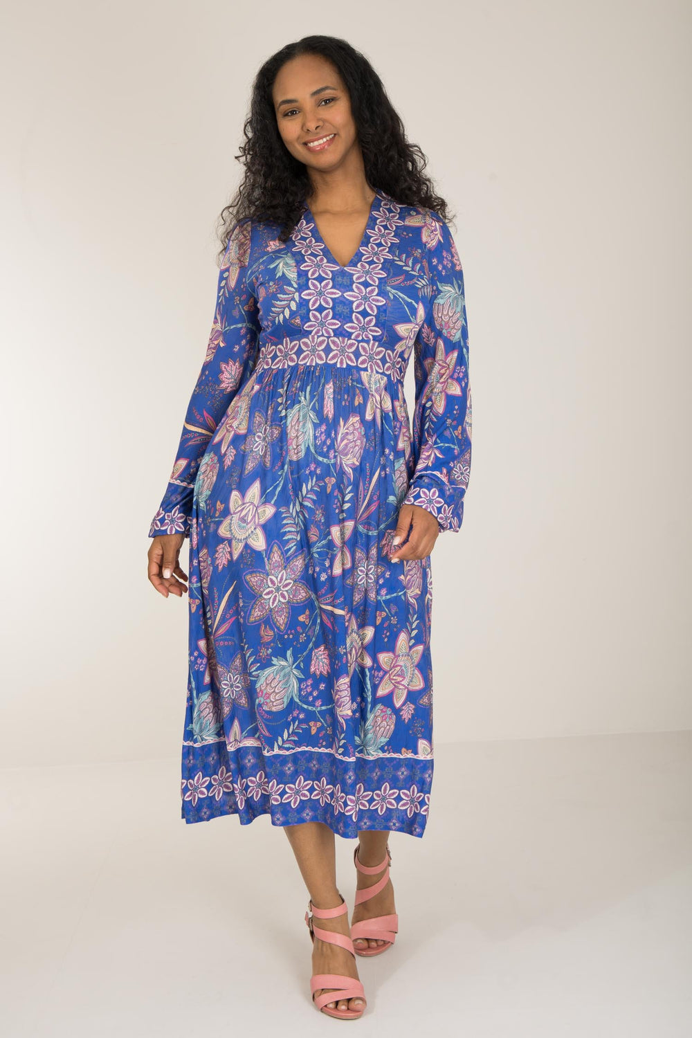 Pure boho midi jersey dress - Blue-Pink - Mönstrad vadlång trikåklänning