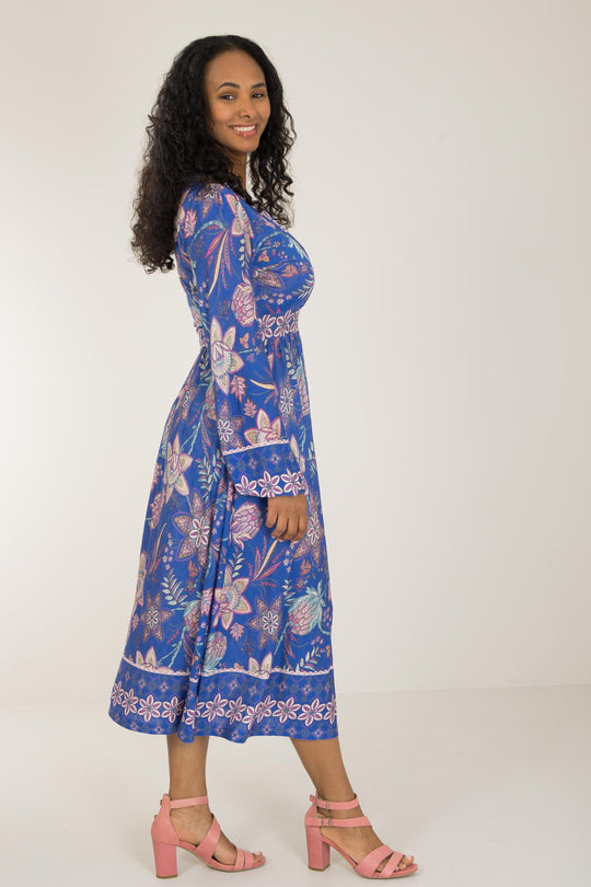 Pure boho midi jersey dress - Blue-Pink - Mönstrad vadlång trikåklänning