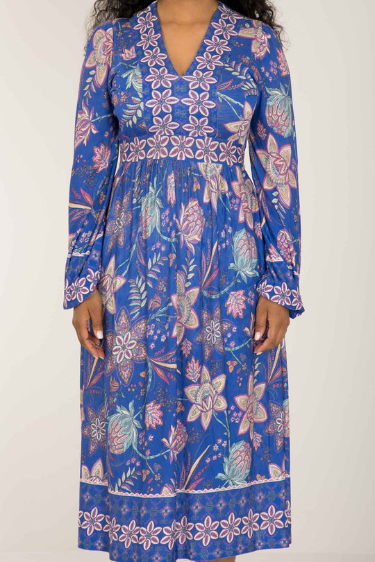 Pure boho midi jersey dress - Blue-Pink - Mönstrad vadlång trikåklänning