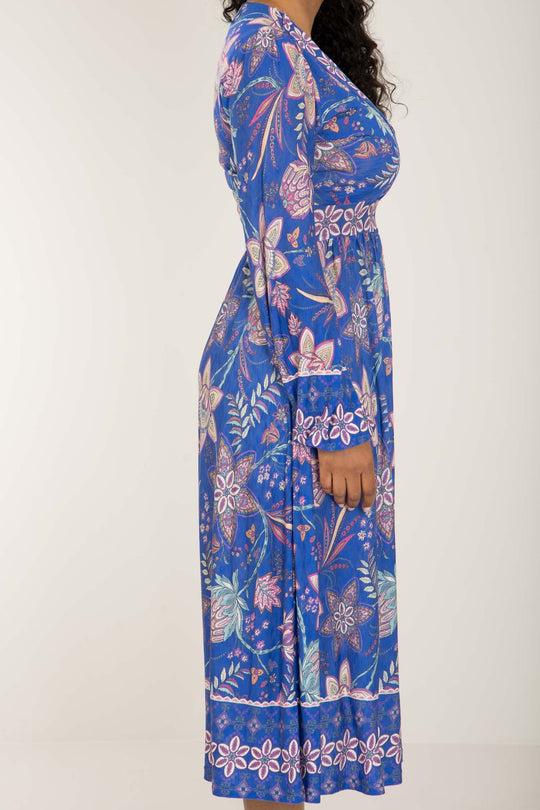 Pure boho midi jersey dress - Blue-Pink - Mönstrad vadlång trikåklänning