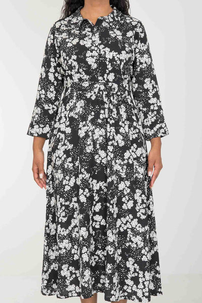 Pure EcoVero woven viscose midi dress - Black - Svart-vit mönstrad, vadlång skjortklänning