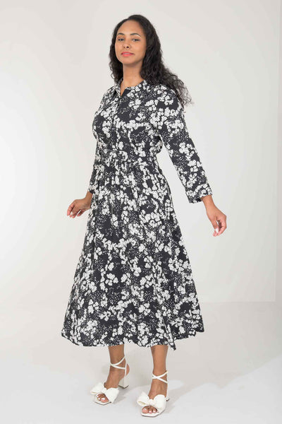Pure EcoVero woven viscose midi dress - Black - Svart-vit mönstrad, vadlång skjortklänning