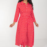 Pure EcoVero woven viscose midi dress - Red flowers - Röd-vit mönstrad, vadlång skjortklänning