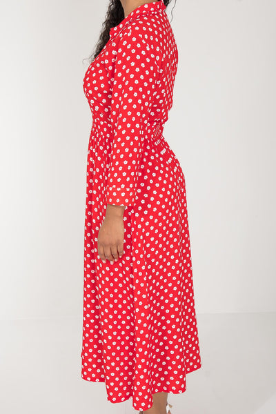 Pure EcoVero woven viscose midi dress - Red flowers - Röd-vit mönstrad, vadlång skjortklänning