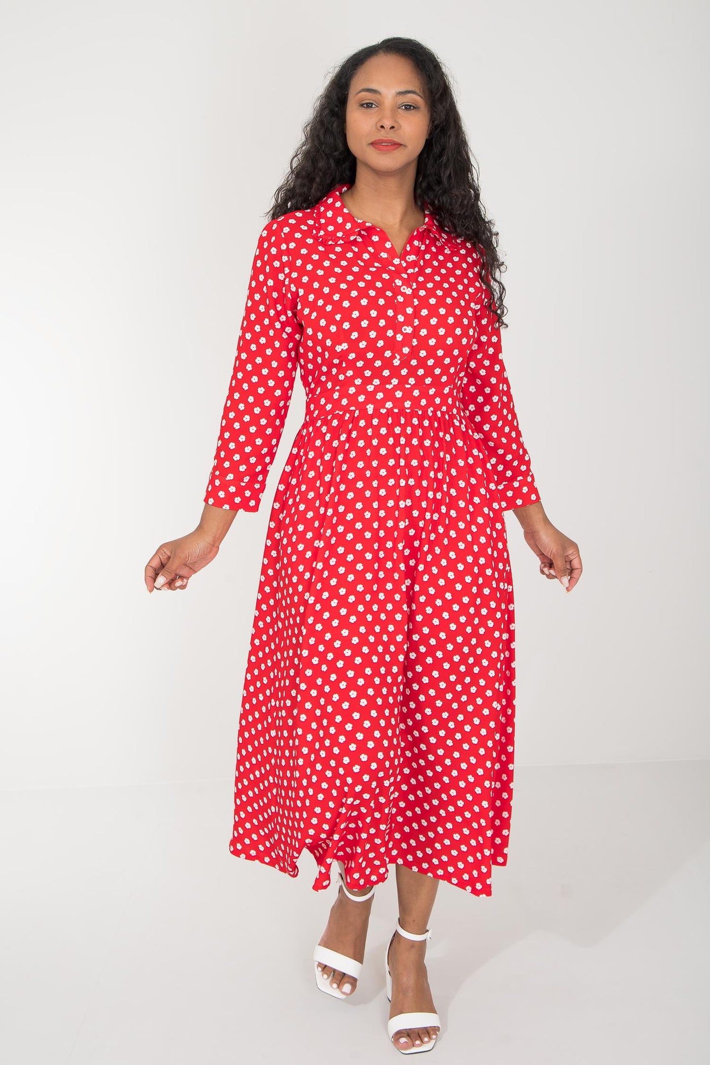 Pure EcoVero woven viscose midi dress - Red flowers - Röd-vit mönstrad, vadlång skjortklänning