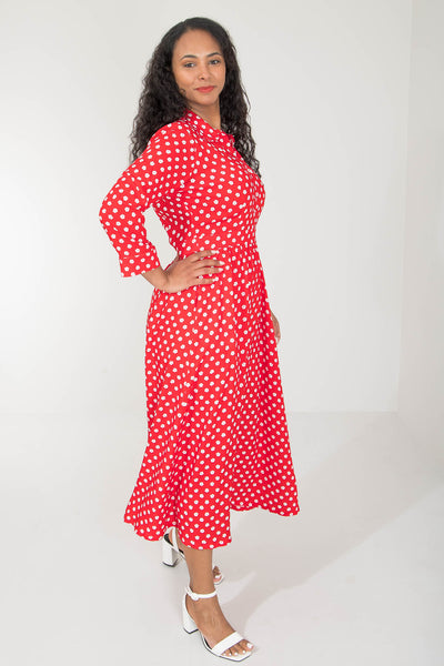 Pure EcoVero woven viscose midi dress - Red flowers - Röd-vit mönstrad, vadlång skjortklänning