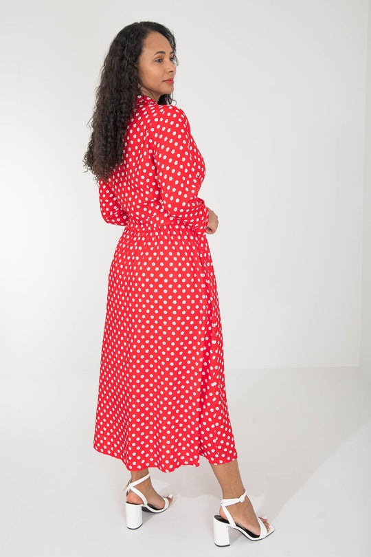 Pure EcoVero woven viscose midi dress - Red flowers - Röd-vit mönstrad, vadlång skjortklänning