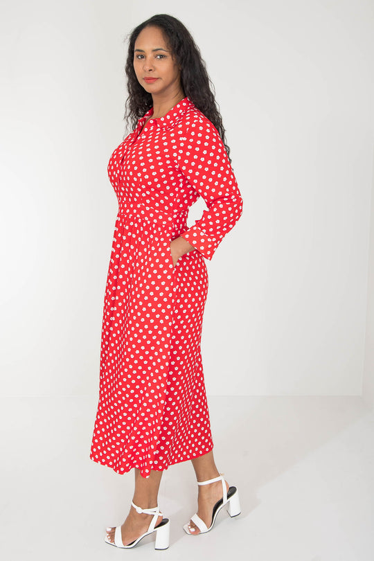 Pure EcoVero woven viscose midi dress - Red flowers - Röd-vit mönstrad, vadlång skjortklänning