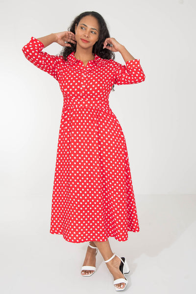 Pure EcoVero woven viscose midi dress - Red flowers - Röd-vit mönstrad, vadlång skjortklänning