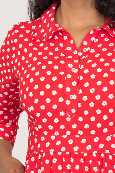 Pure EcoVero woven viscose midi dress - Red flowers - Röd-vit mönstrad, vadlång skjortklänning