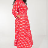 Pure EcoVero woven viscose midi dress - Red flowers - Röd-vit mönstrad, vadlång skjortklänning