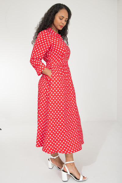 Pure EcoVero woven viscose midi dress - Red flowers - Röd-vit mönstrad, vadlång skjortklänning