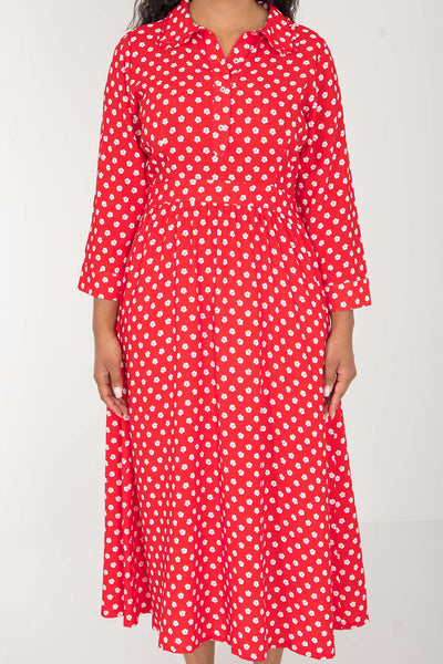 Pure EcoVero woven viscose midi dress - Red flowers - Röd-vit mönstrad, vadlång skjortklänning