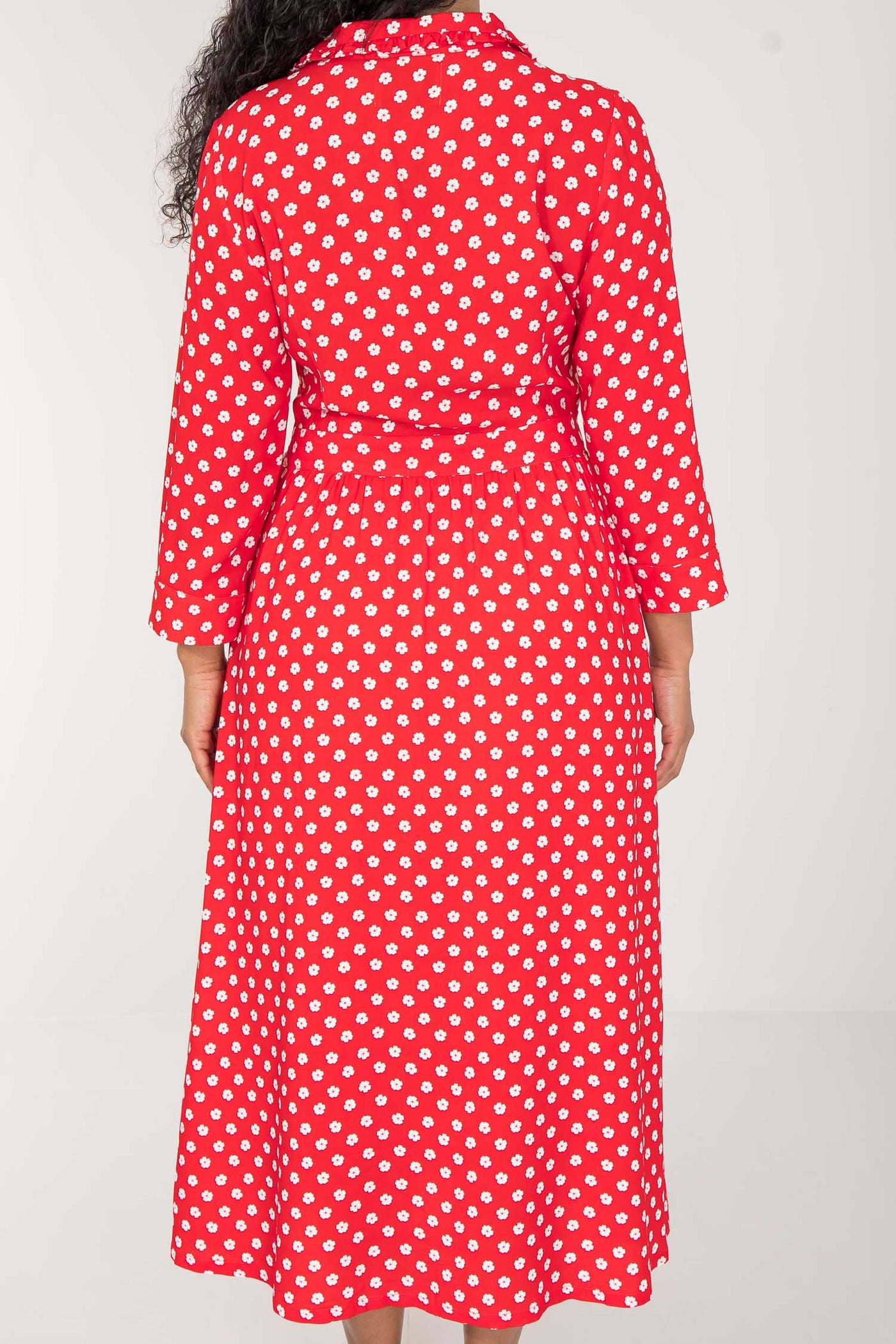 Pure EcoVero woven viscose midi dress - Red flowers - Röd-vit mönstrad, vadlång skjortklänning