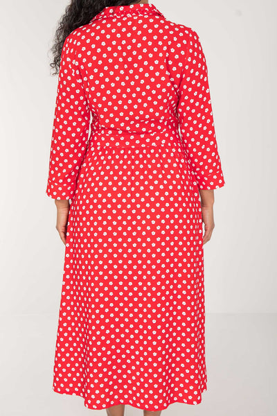 Pure EcoVero woven viscose midi dress - Red flowers - Röd-vit mönstrad, vadlång skjortklänning