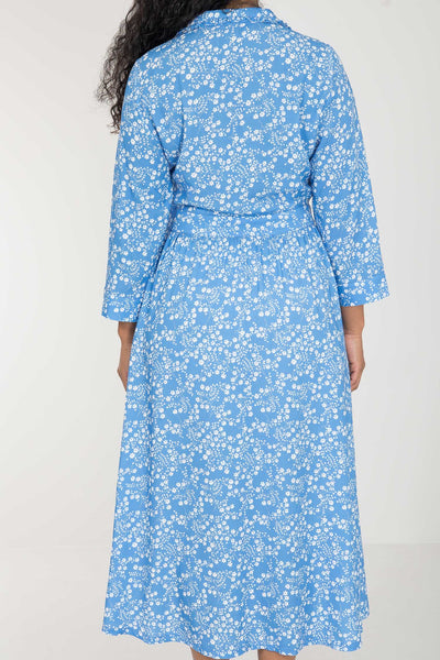 Pure EcoVero woven viscose midi dress - Blue flowers - Blåmönstrad, vadlång skjortklänning