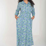 Pure EcoVero woven viscose midi dress - Green-blue flowers - Grön-blå mönstrad, vadlång skjortklänning