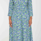 Pure EcoVero woven viscose midi dress - Green-blue flowers - Grön-blå mönstrad, vadlång skjortklänning