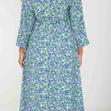 Pure EcoVero woven viscose midi dress - Green-blue flowers - Grön-blå mönstrad, vadlång skjortklänning