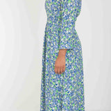 Pure EcoVero woven viscose midi dress - Green-blue flowers - Grön-blå mönstrad, vadlång skjortklänning