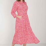 Pure EcoVero woven viscose midi dress - Pink flowers - Rosamönstrad, vadlång skjortklänning