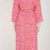 Pure EcoVero woven viscose midi dress - Pink flowers - Rosamönstrad, vadlång skjortklänning