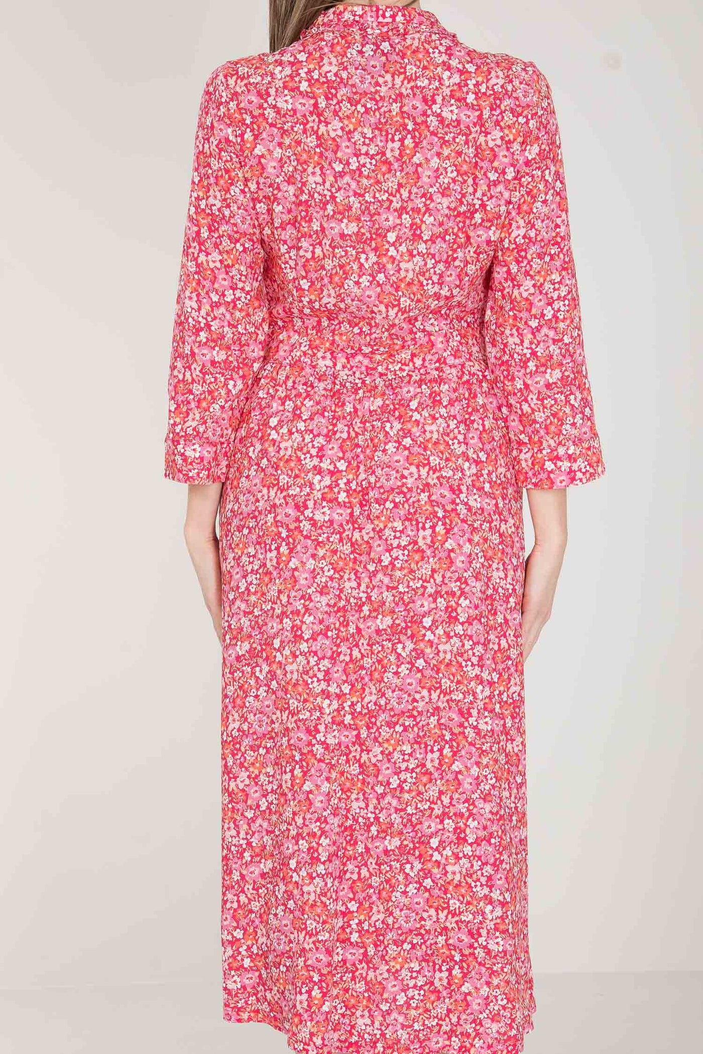 Pure EcoVero woven viscose midi dress - Pink flowers - Rosamönstrad, vadlång skjortklänning