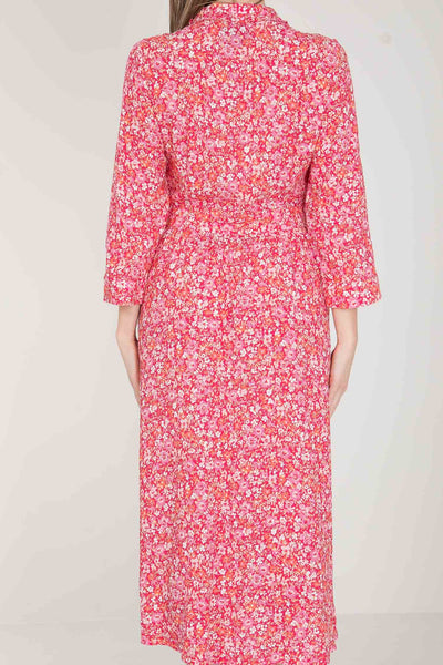 Pure EcoVero woven viscose midi dress - Pink flowers - Rosamönstrad, vadlång skjortklänning